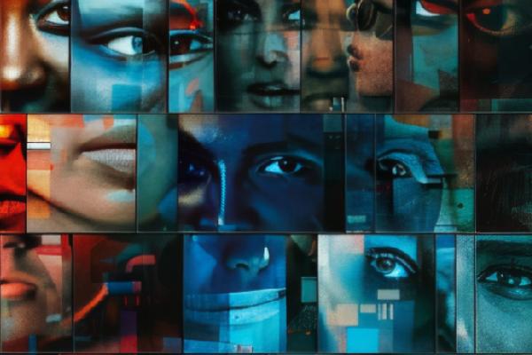 The visual shows a collage of different photographs zooming-in on peoples' faces.